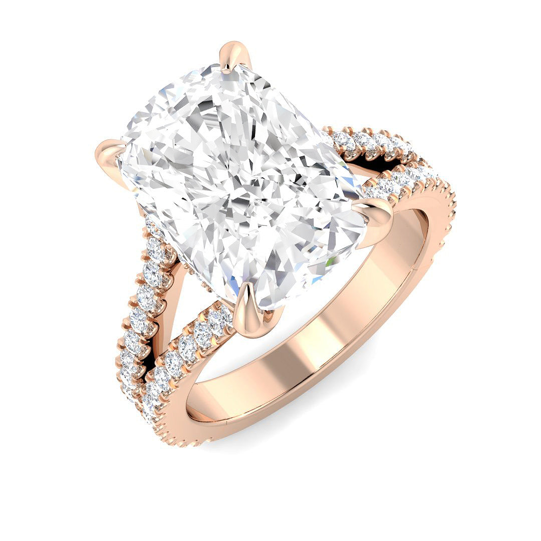 Cushion cut solitaire diamond engagement ring in rose gold with diamond pavé band, offered with natural diamond (F–G colour, VS–SI clarity) or lab grown diamond (D colour, VVS clarity)