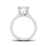 Cushion cut solitaire diamond engagement ring in white gold with pavé band, available in natural diamond (F–G colour, VS–SI clarity) or lab grown diamond (D colour, VVS clarity)