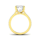 Cushion cut solitaire diamond engagement ring in yellow gold with pavé set shoulders, featuring natural diamond (F–G colour, VS–SI clarity) or lab grown diamond (D colour, VVS clarity)