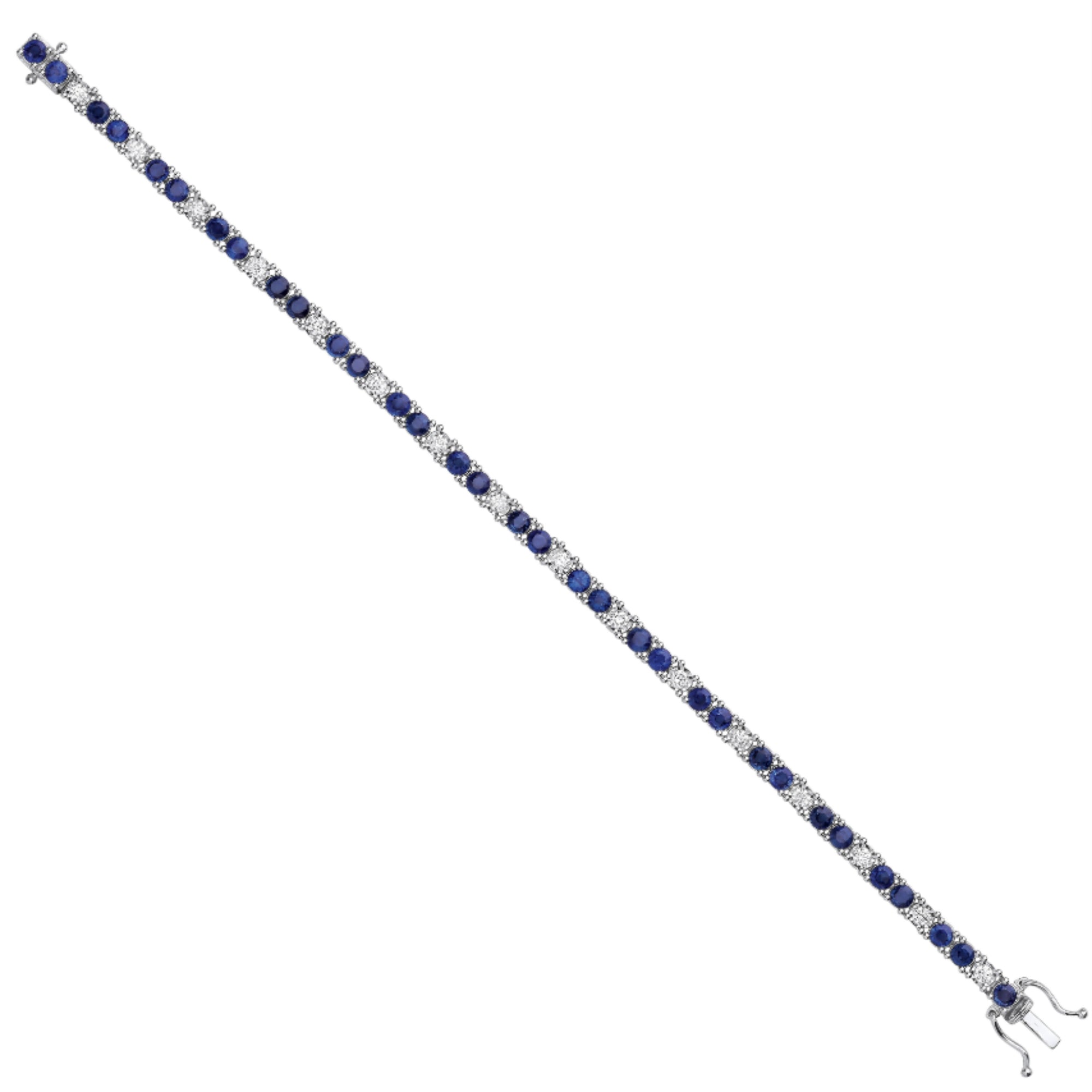 18K White Gold Blue Sapphire Gemstone & Natural Diamond Prong Set Tennis Bracelet