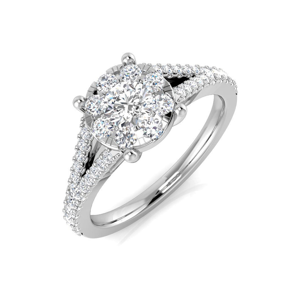 Diamond ring with a pear-shaped center stone on a white background