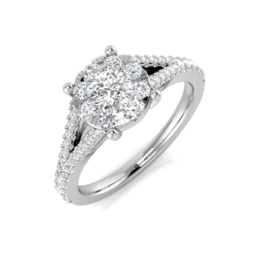Diamond ring with a pear-shaped center stone on a white background