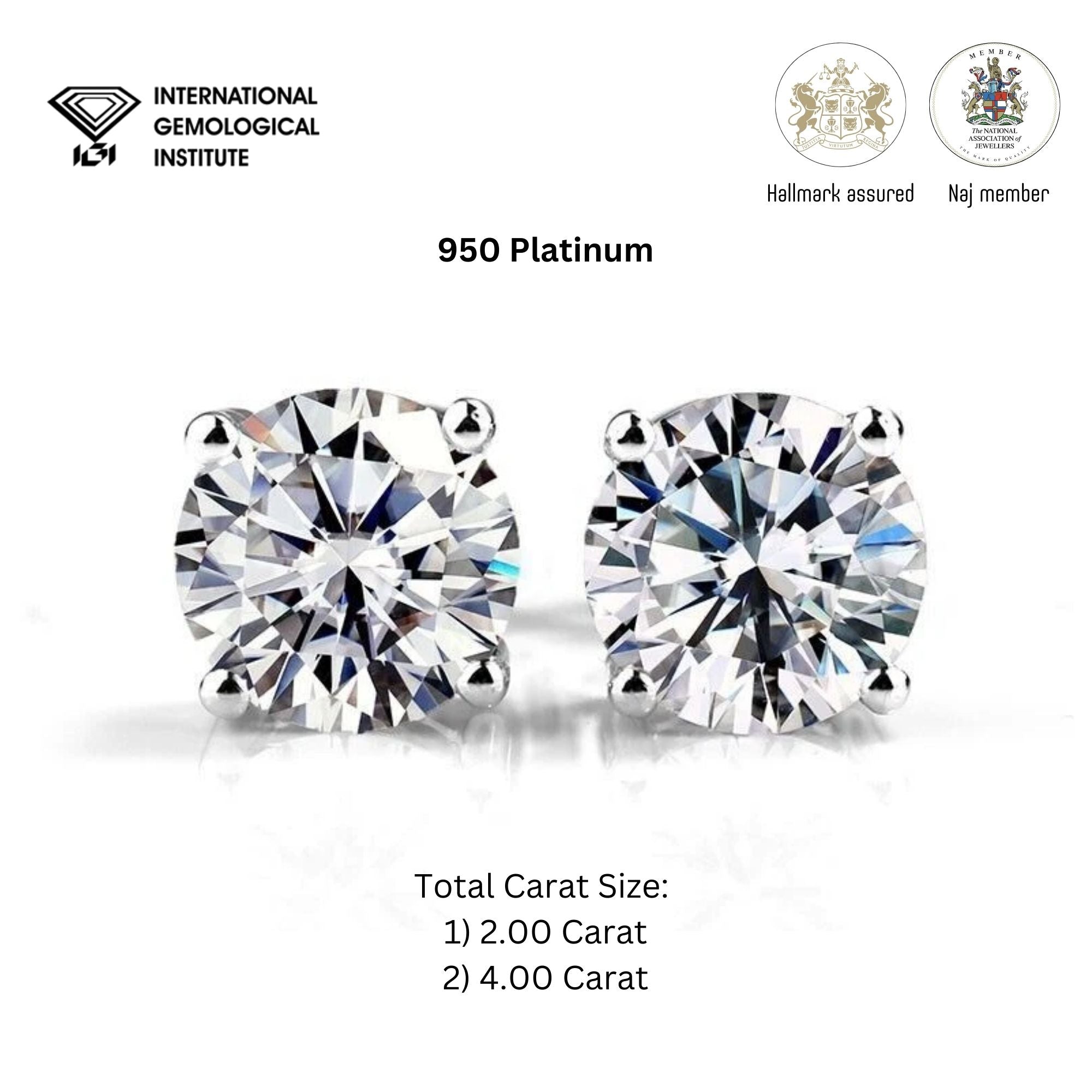 IGI Certified 4.00 Carat Round Lab Grown Diamond Solitaire Stud Earrings in Platinum