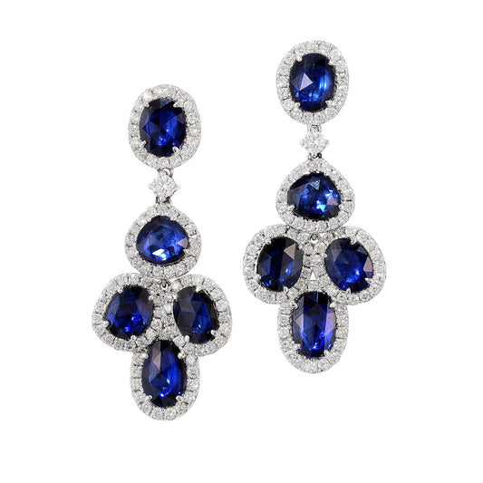 1.45Ct Sapphire Blue and Round Lab Grown Diamond Dangle Earrings in White Gold