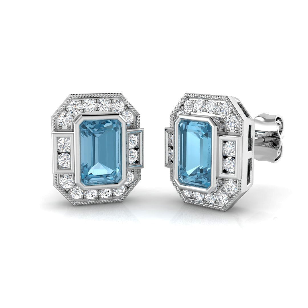 Sky Blue Topaz Prong-Set Stud Earrings with Round Natural Diamonds in 9K White Gold