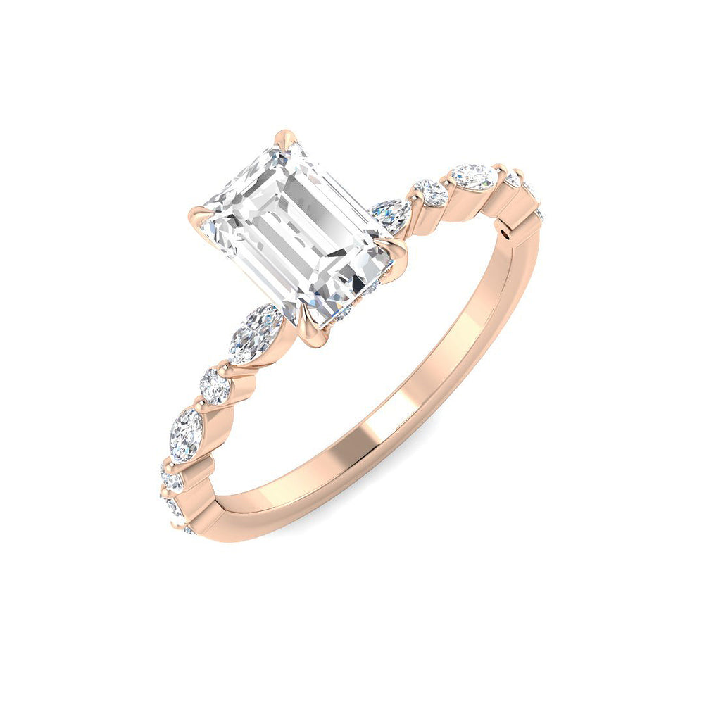 Emerald cut diamond engagement ring in rose gold with elegant marquise and round diamond shoulders