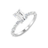 Emerald cut diamond engagement ring in white gold with marquise and round diamond shoulder accents