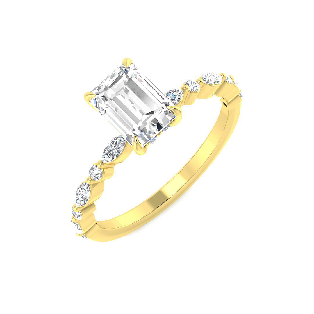 Emerald cut diamond ring in yellow gold featuring marquise and round side diamonds for added brilliance