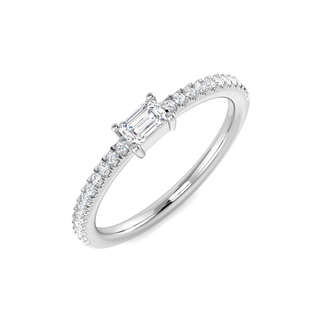 Emerald cut diamond solitaire engagement ring with pavé band in white gold, featuring a natural diamond 