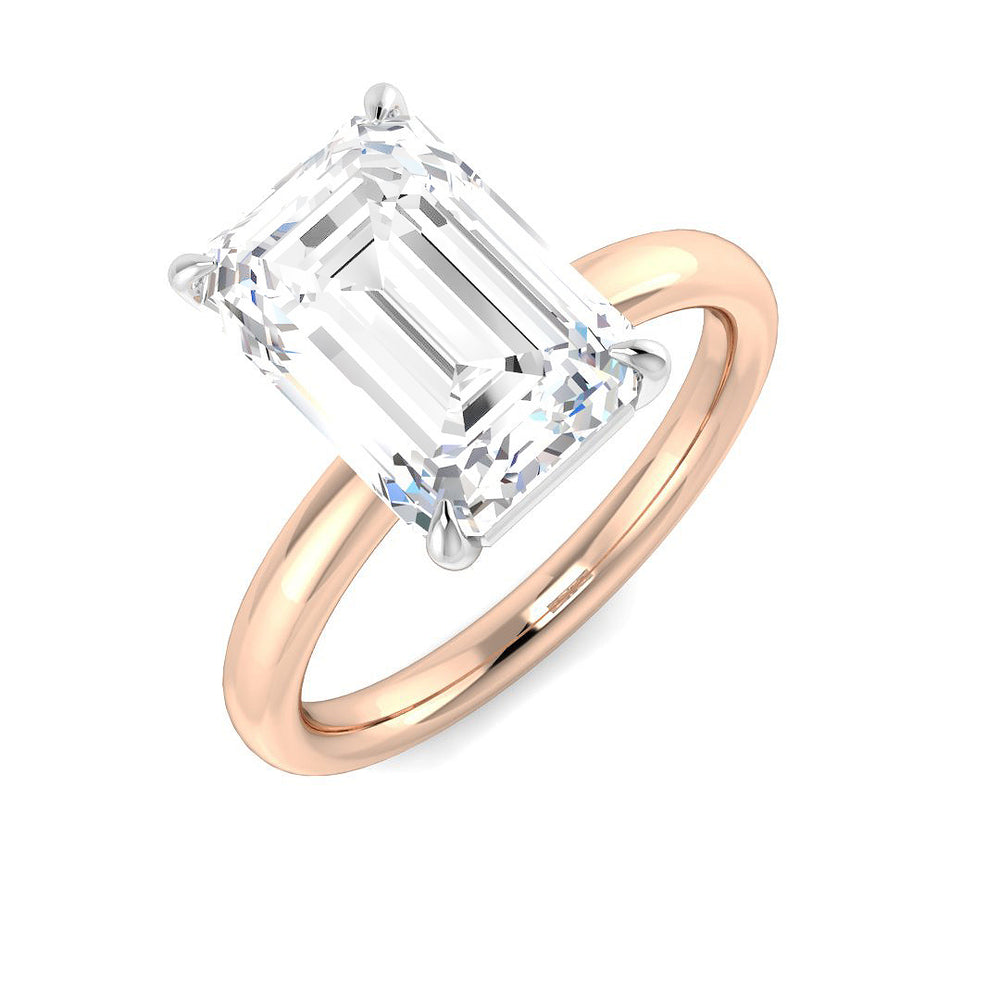 Emerald cut diamond solitaire engagement ring in rose gold, showcasing a natural diamond F-G color VS-SI clarity or IGI certified lab grown diamond D color VVS clarity