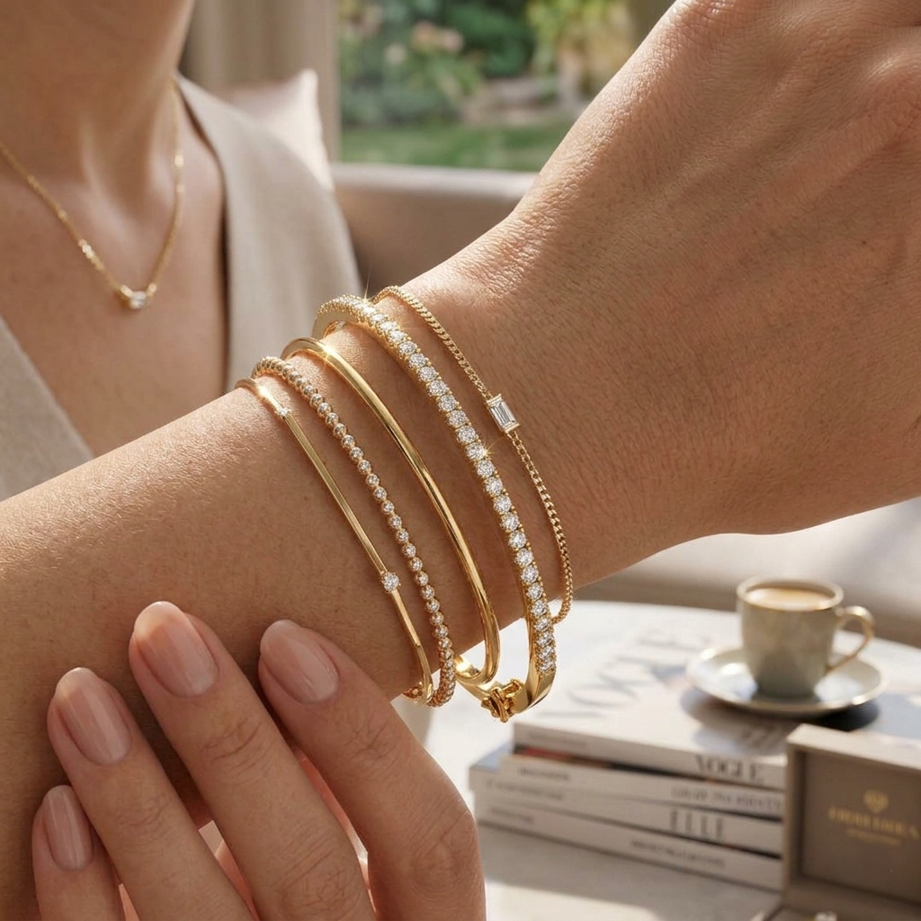 18K Yellow Gold Natural Round Cut Diamond Prong Set Half Eternity Bangle with Hinged Lock