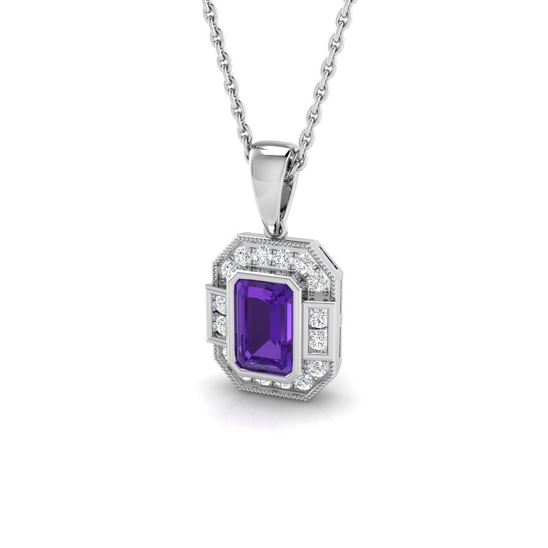 9K Gold Bezel Set Solitaire Amethyst & Natural Diamond February Gemstone Pendant