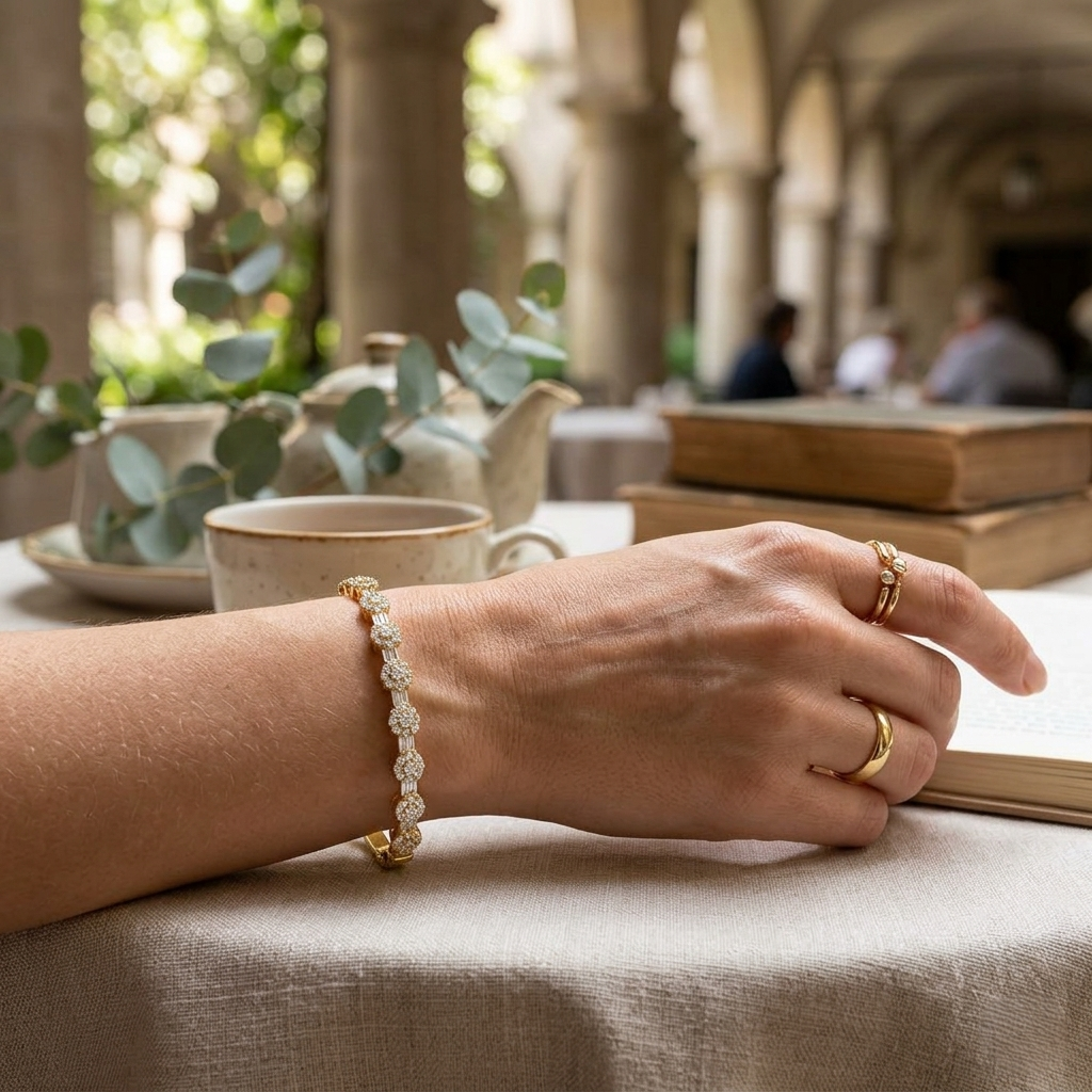 18K Yellow Gold Natural Baguette and Round Cut Floral Eternity Bangle with Hinged Box Lock