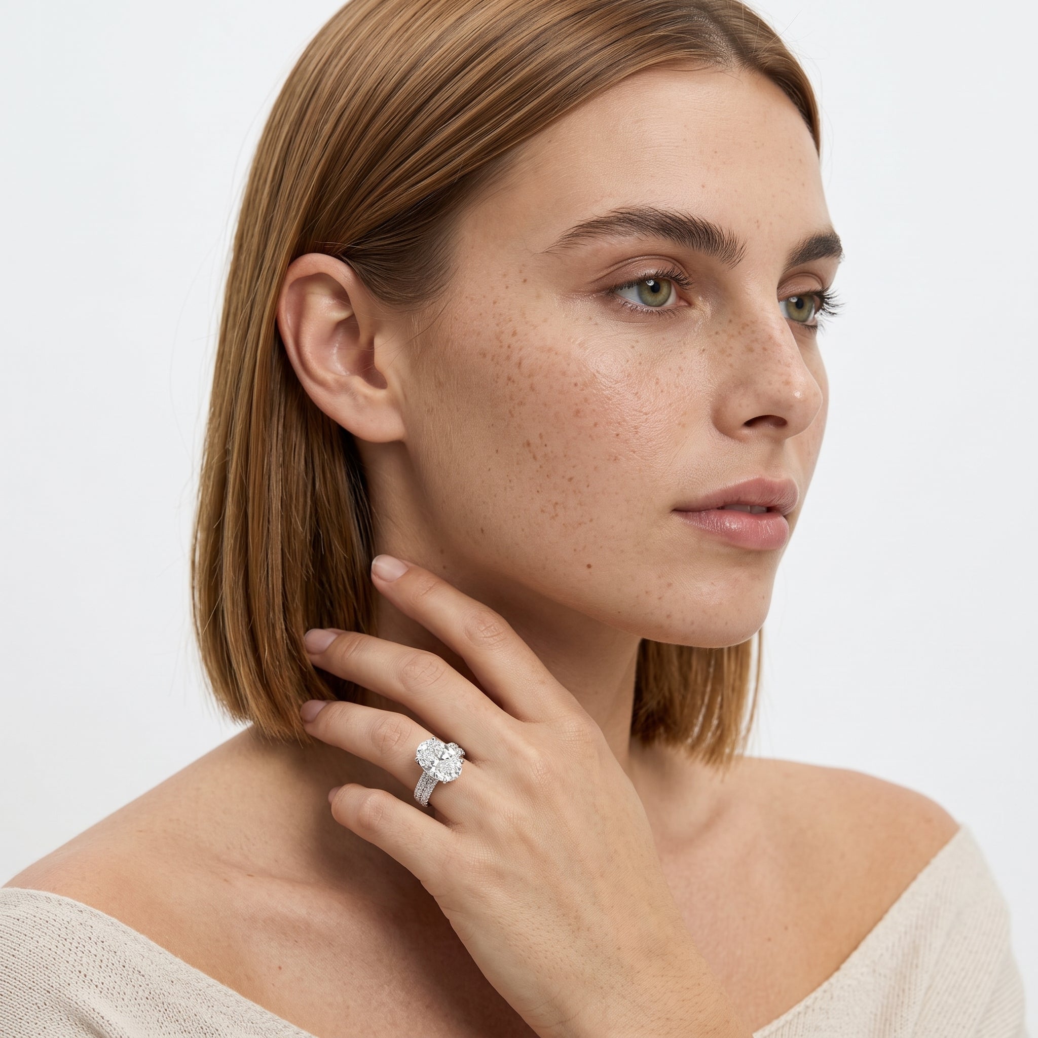 Oval Cut Diamond Engagement Ring with Double Pavé Band in Gold