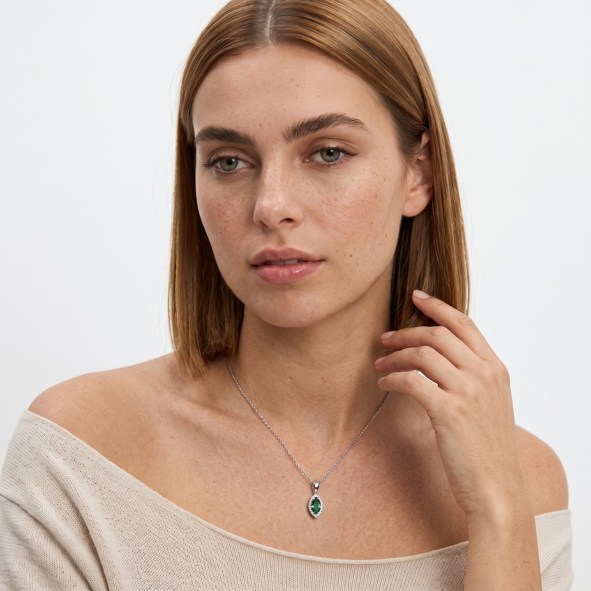 Marquise Cut Emerald Halo Pendant Without Chain | Gold & Platinum