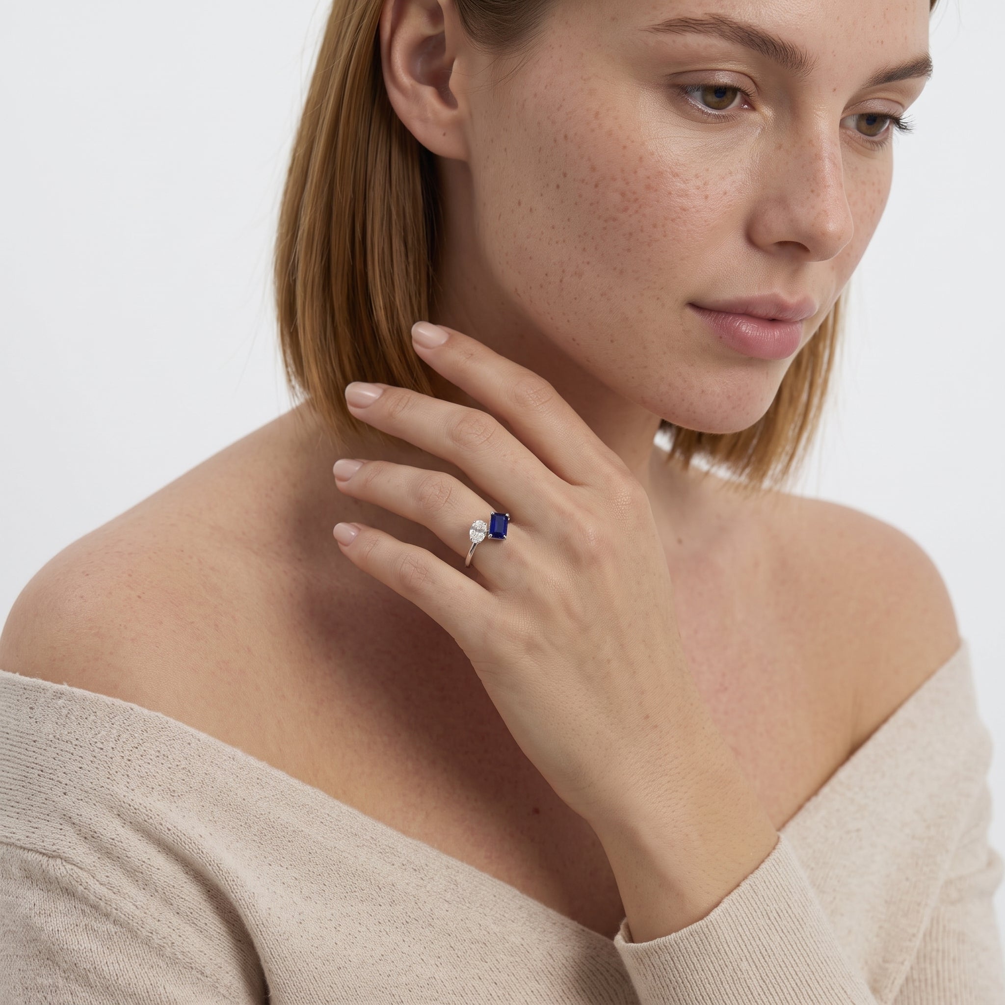 Toi Et Moi Sapphire Ring with Oval Natural Diamond | Two Stone Ring