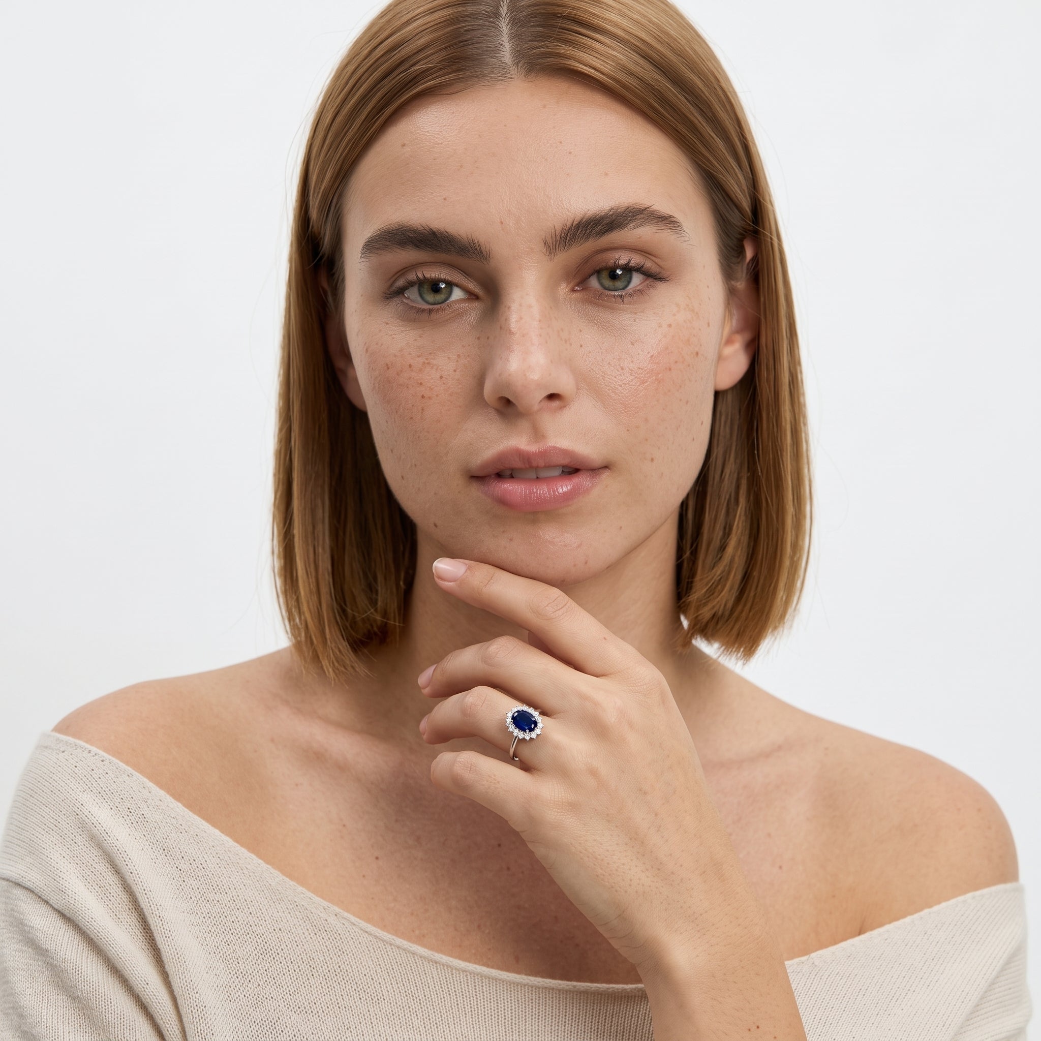 Oval Blue Sapphire Halo Engagement Ring with Natural Round Cut Diamond