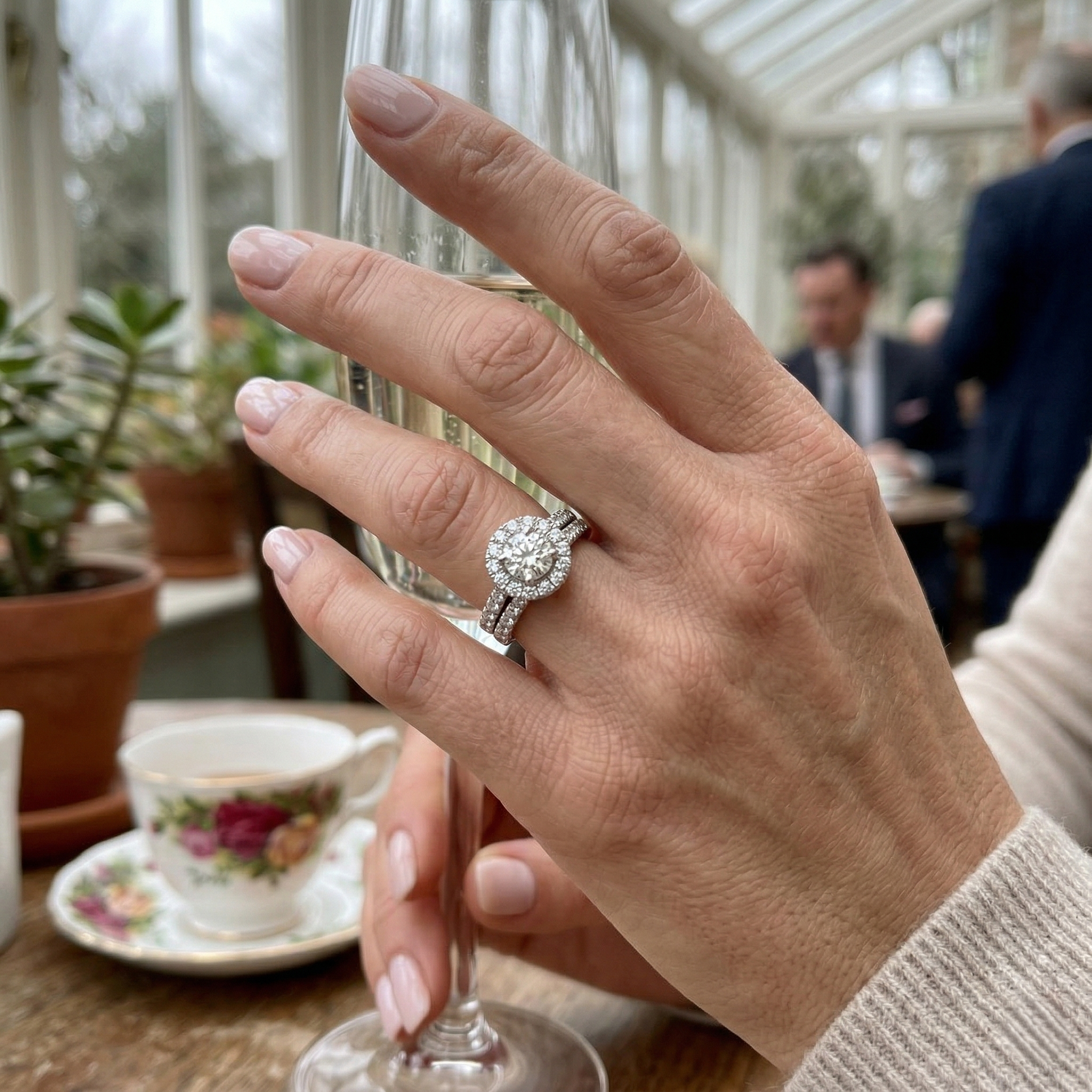 Lab-Grown Round Diamond Halo Bridal Set Ring | UK Hallmarked | Engagement + Wedding Band