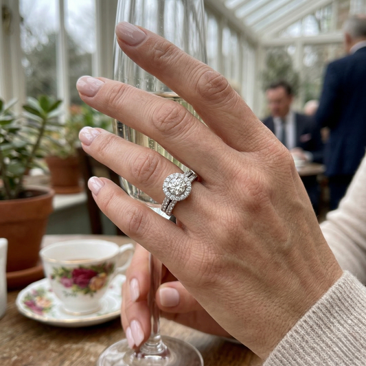Lab-Grown Round Diamond Halo Bridal Set Ring | UK Hallmarked | Engagement + Wedding Band