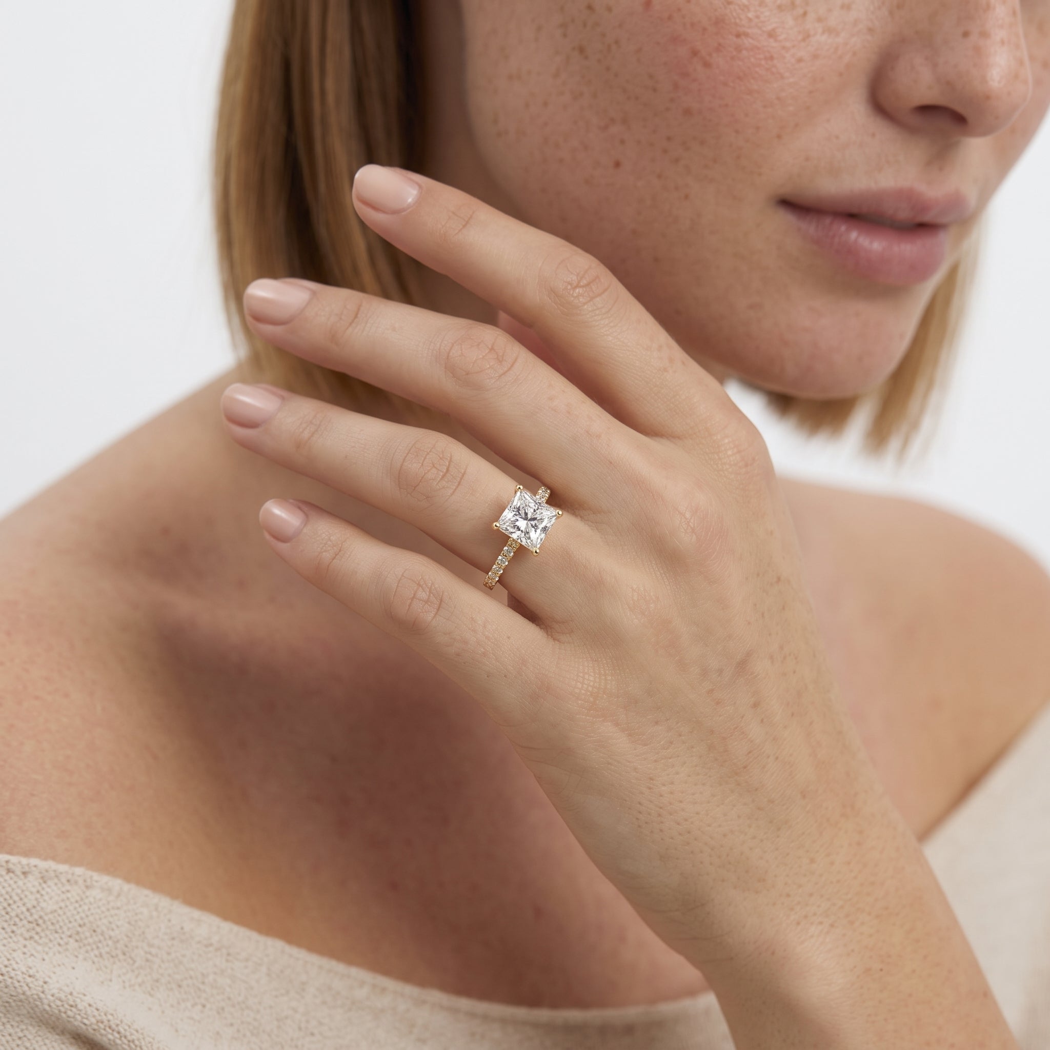 Signature Sidestone Princess Diamond Engagement Ring — 9K/18K Gold & Platinum