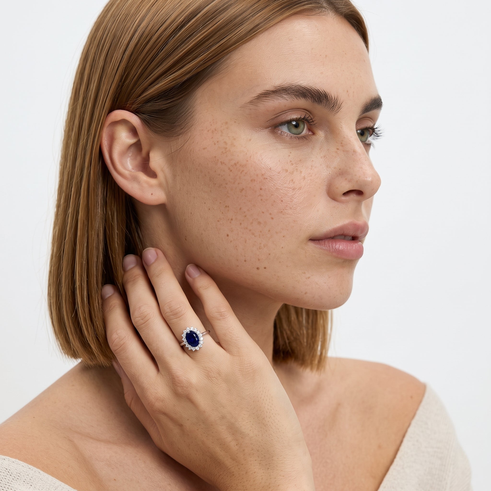 Oval Blue Sapphire Halo Engagement Ring with Natural Round Cut Diamond