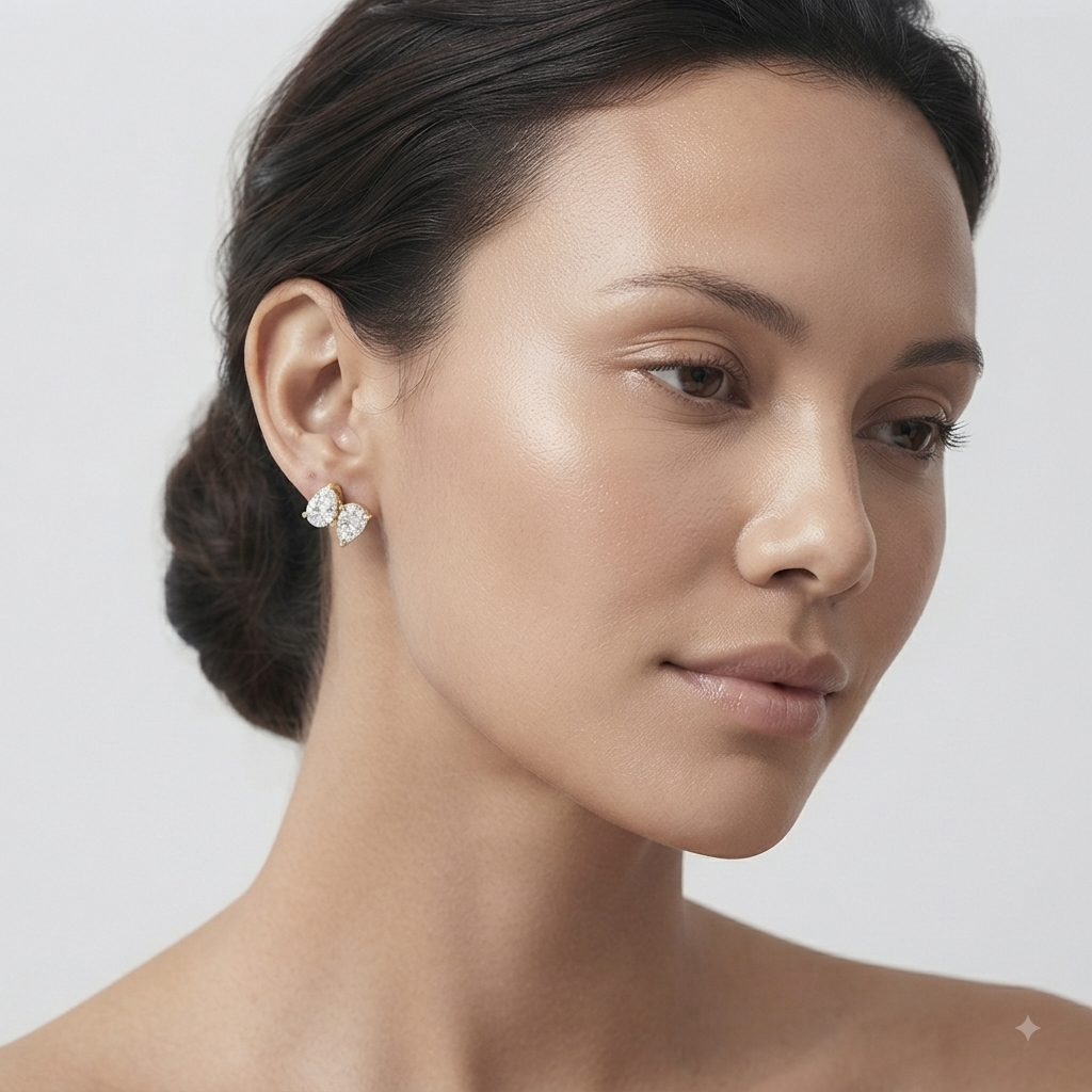 Stud Earrings with Pear Cut Diamond Toi et Moi Cluster - 1ct Gold