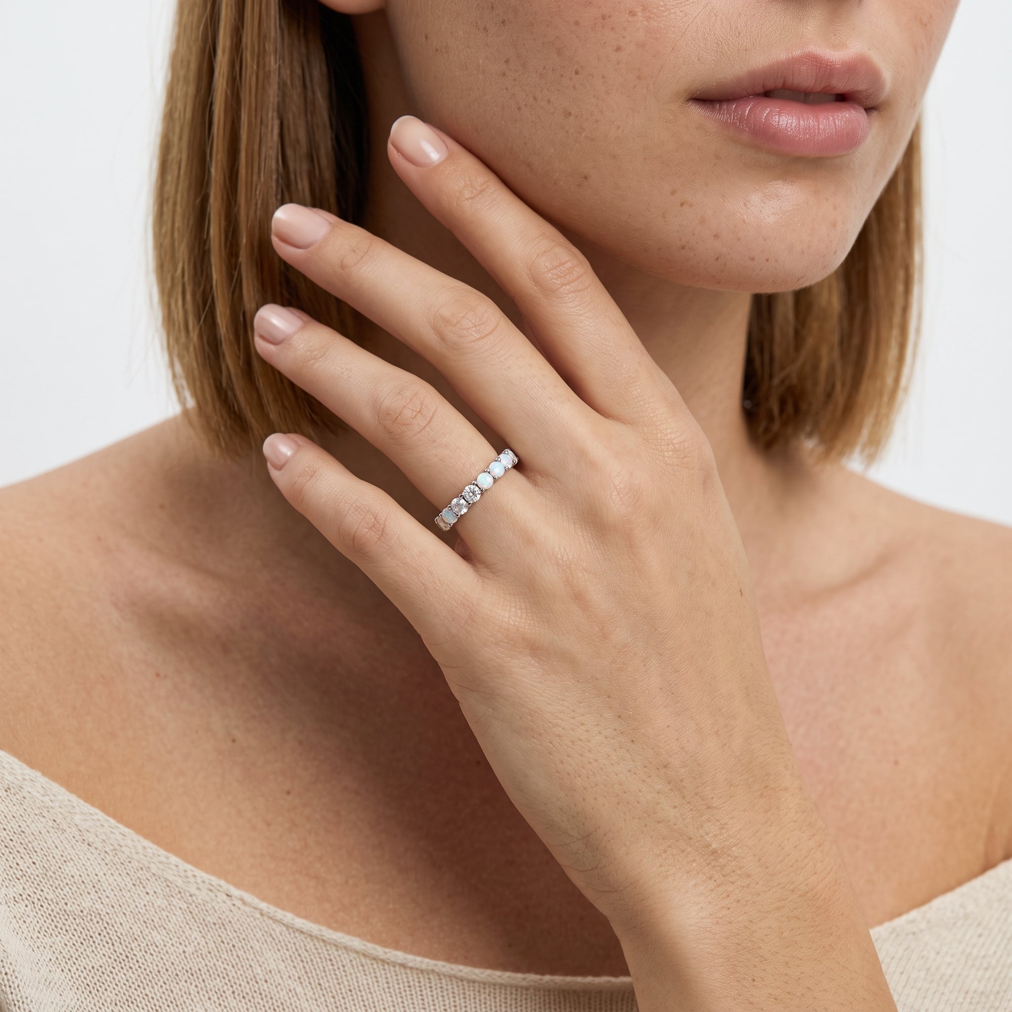 Opal & Round Diamond Half Eternity Ring | Hallmarked Gold & Platinum