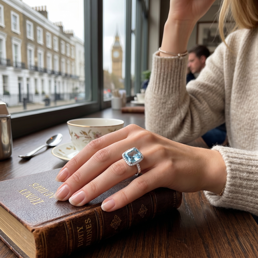 Model Wearing Aquamarine Cushion Cut Diamond Halo Engagement Ring