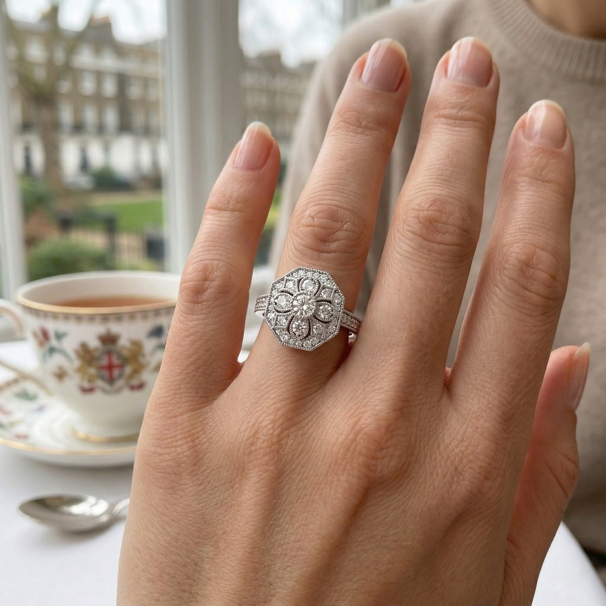 Lab Grown Floral Round Diamond Art Deco Vintage Ring | Hallmarked Gold & Platinum