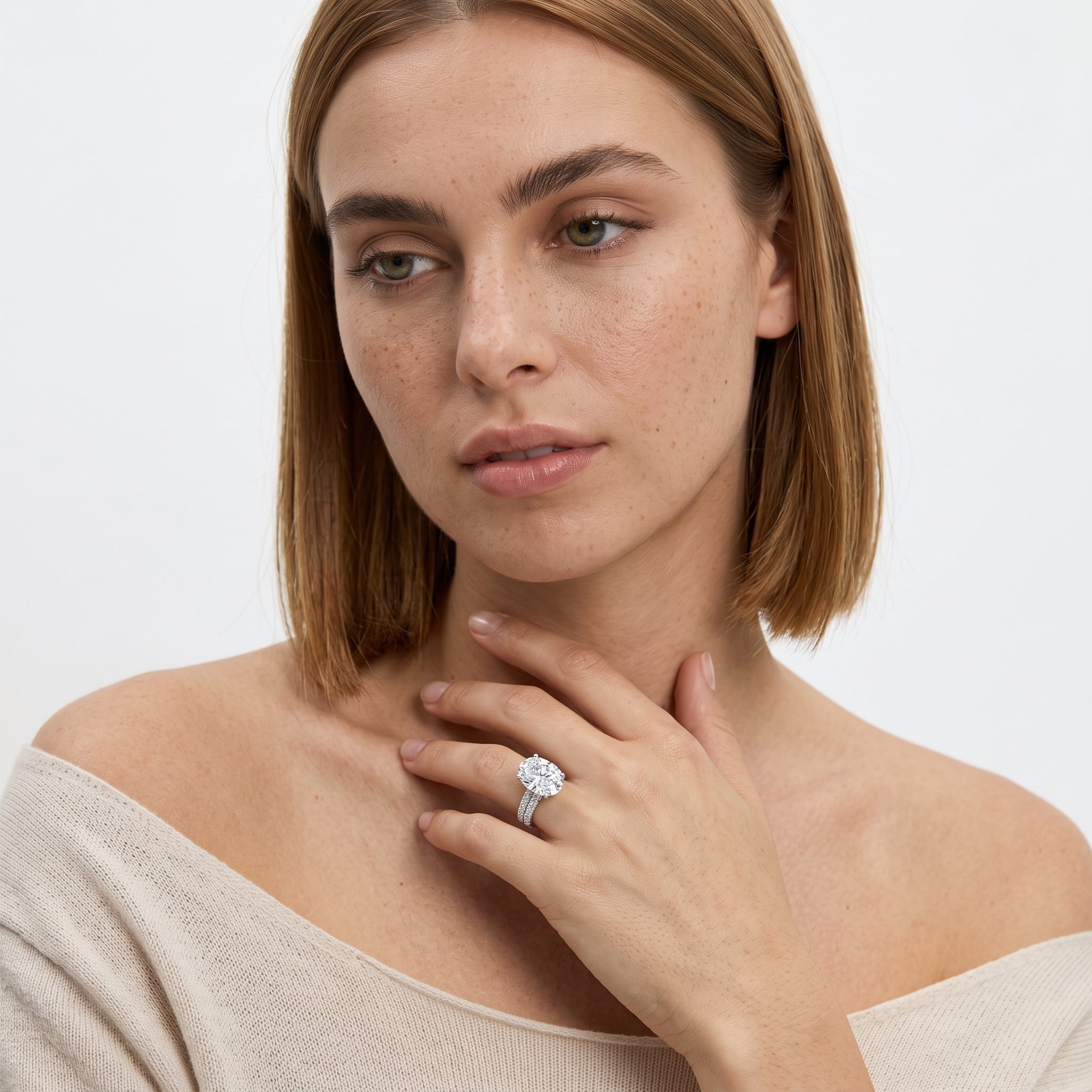 Oval Cut Diamond Engagement Ring with Double Pavé Band in Gold