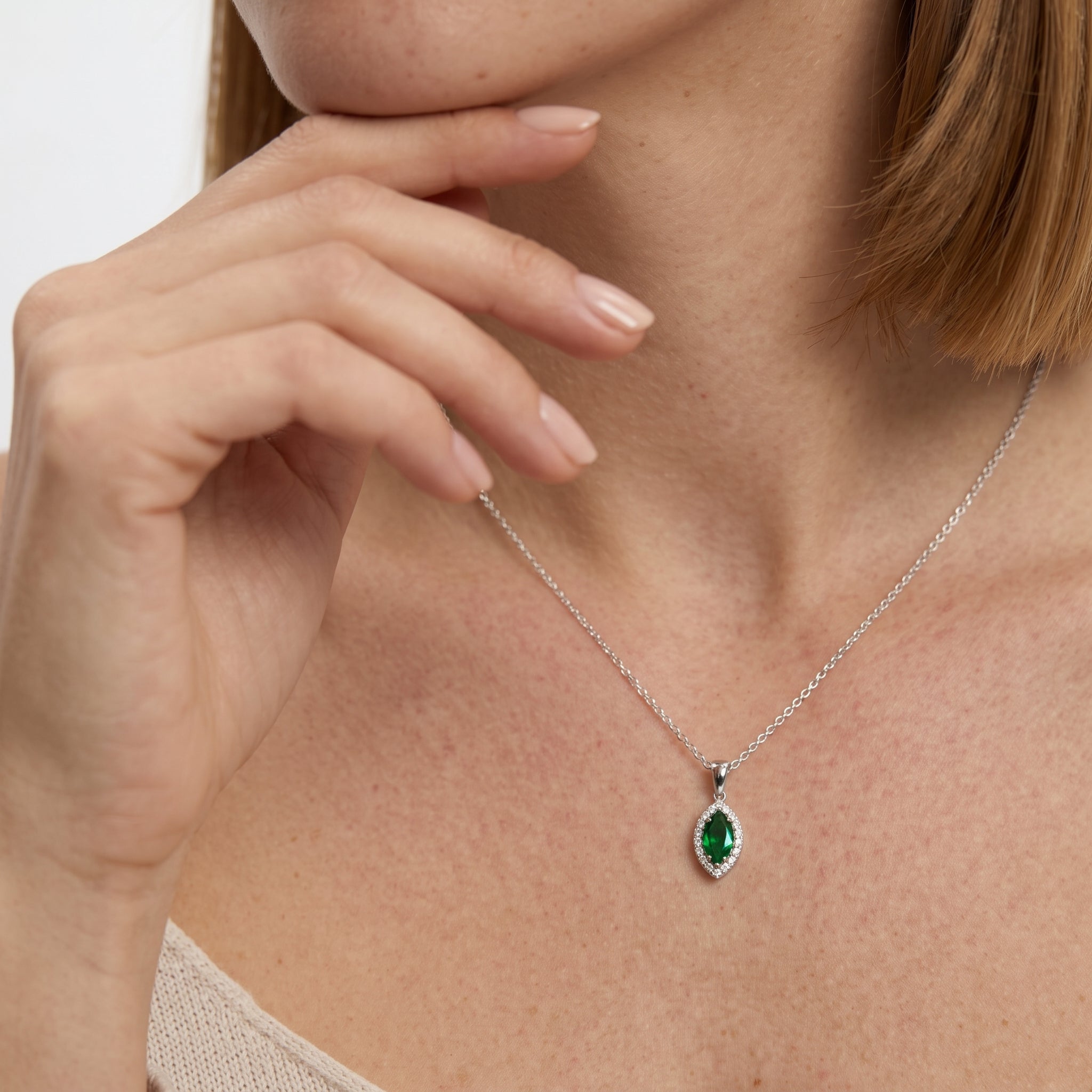 Marquise Cut Emerald Halo Pendant Without Chain | Gold & Platinum
