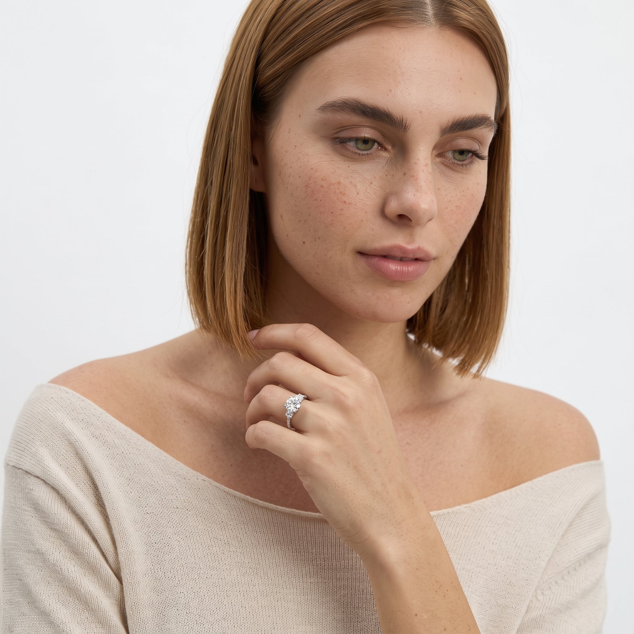 Round Three-Stone Pavé Side Diamond Engagement Ring | 9K/18K Gold & Platinum