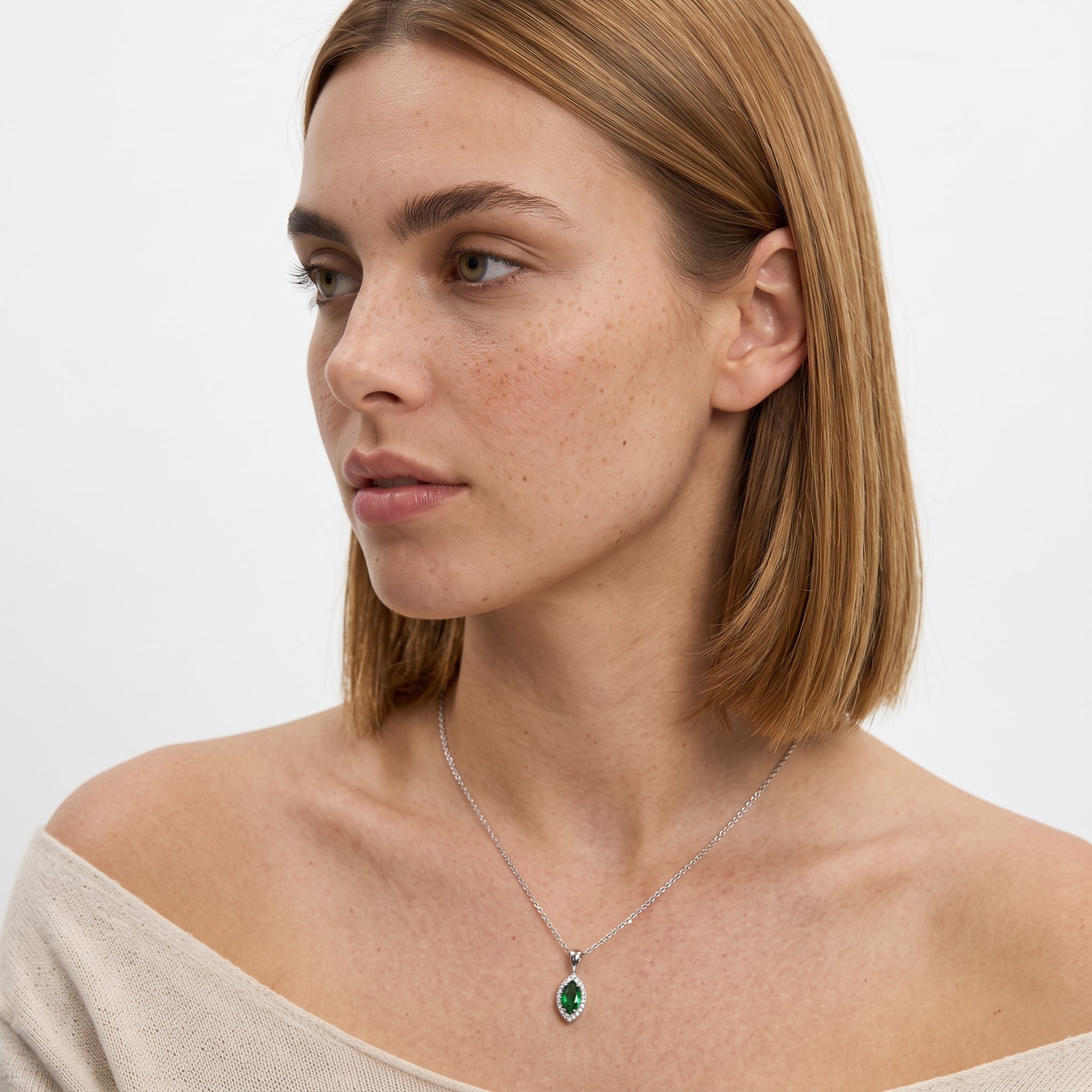 Marquise Cut Emerald Halo Pendant Without Chain | Gold & Platinum