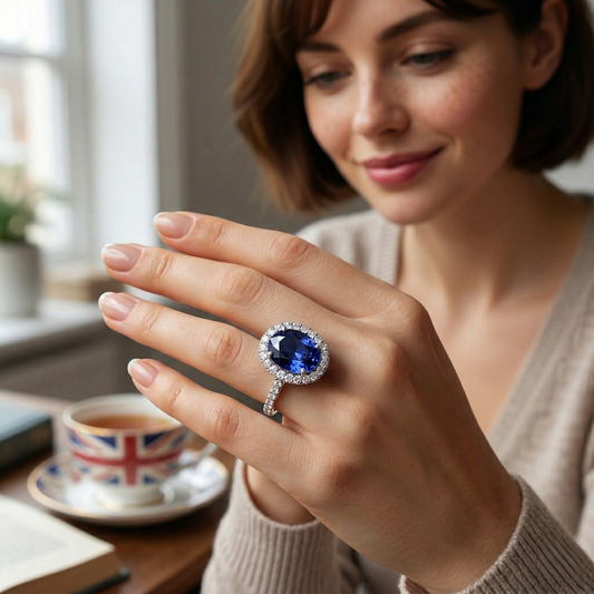 Blue Oval Tanzanite Halo Ring with Diamond Pavé Band