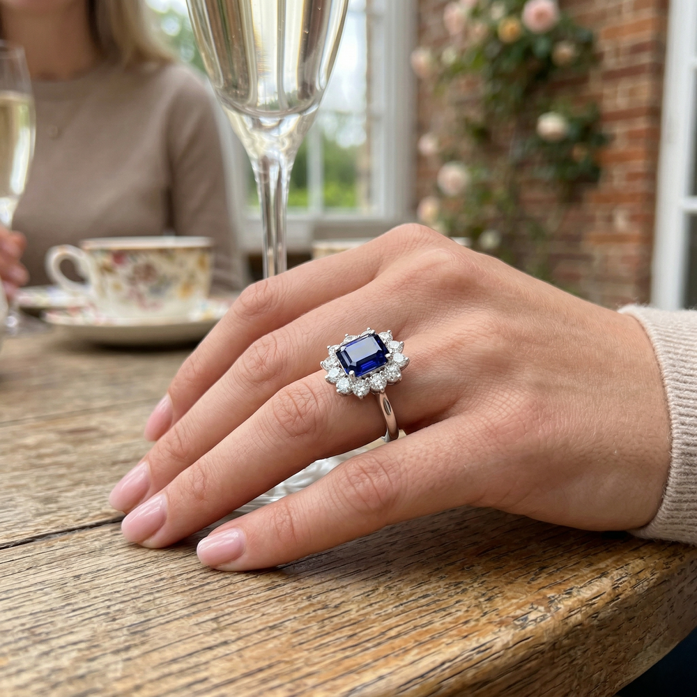 Floral Diamond Sapphire Halo Ring