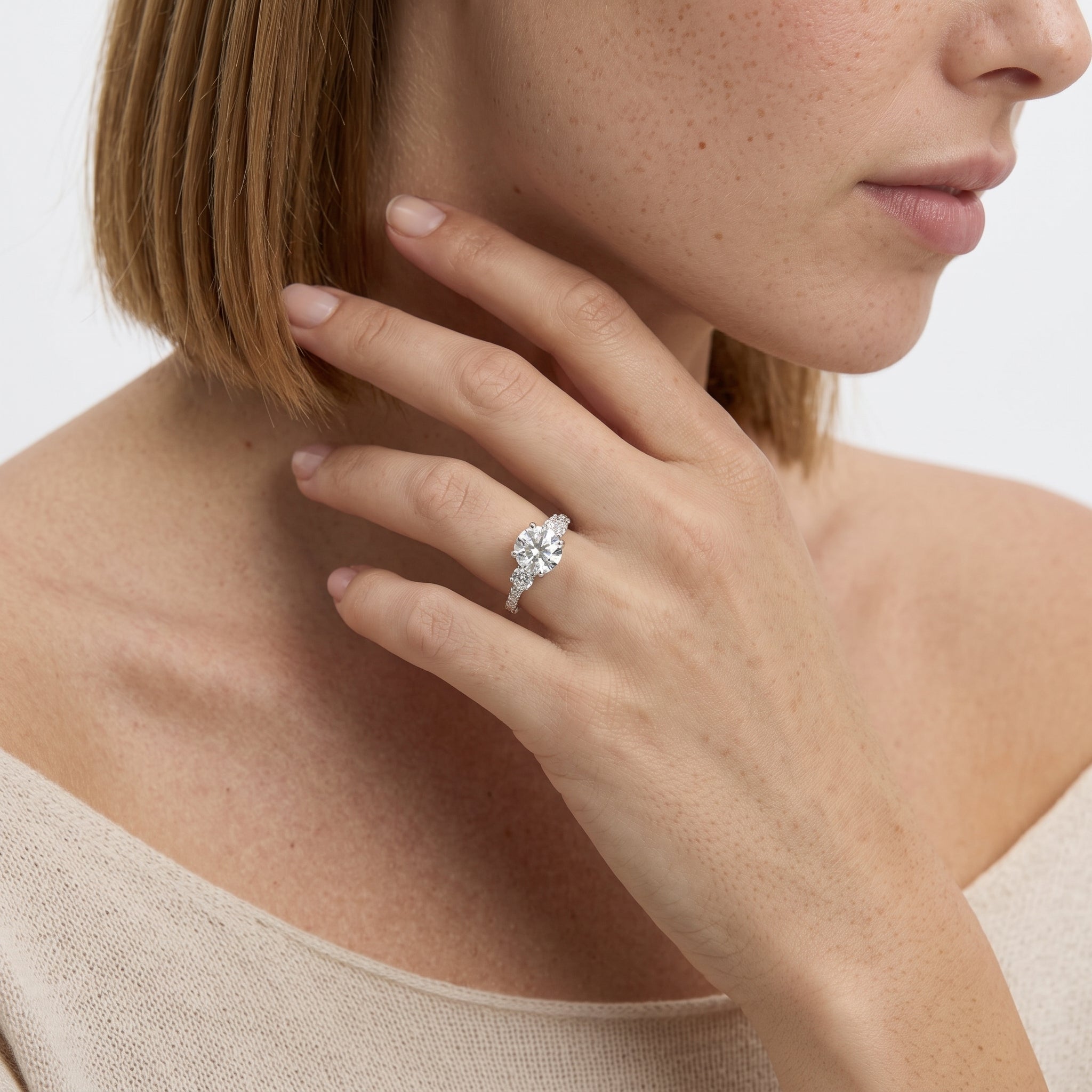 Round Three-Stone Pavé Side Diamond Engagement Ring | 9K/18K Gold & Platinum