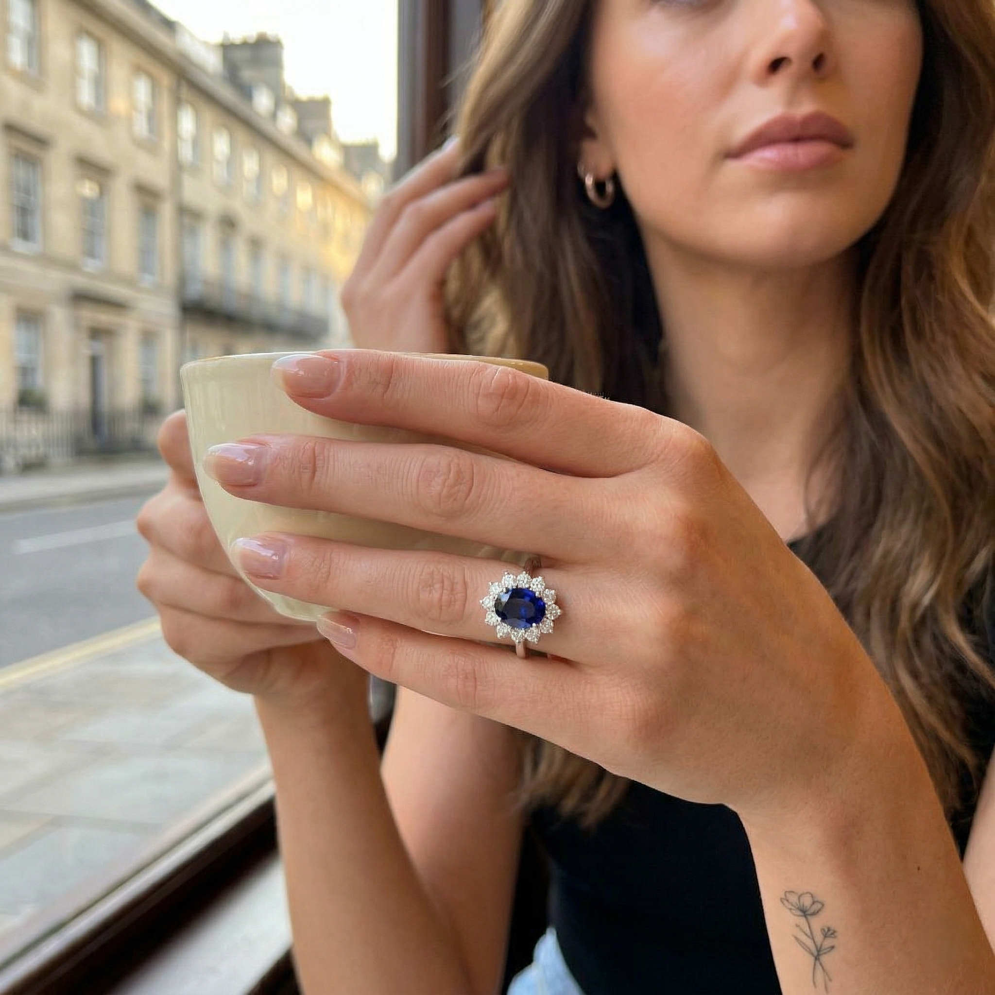 blue sapphire halo diamond cluster ring