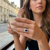blue sapphire halo diamond cluster ring