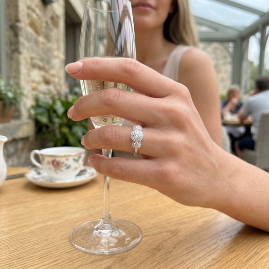 Three Stone Halo Diamond Ring Milgrain detail Engagement Ring | 0.2ct - 0.5ct