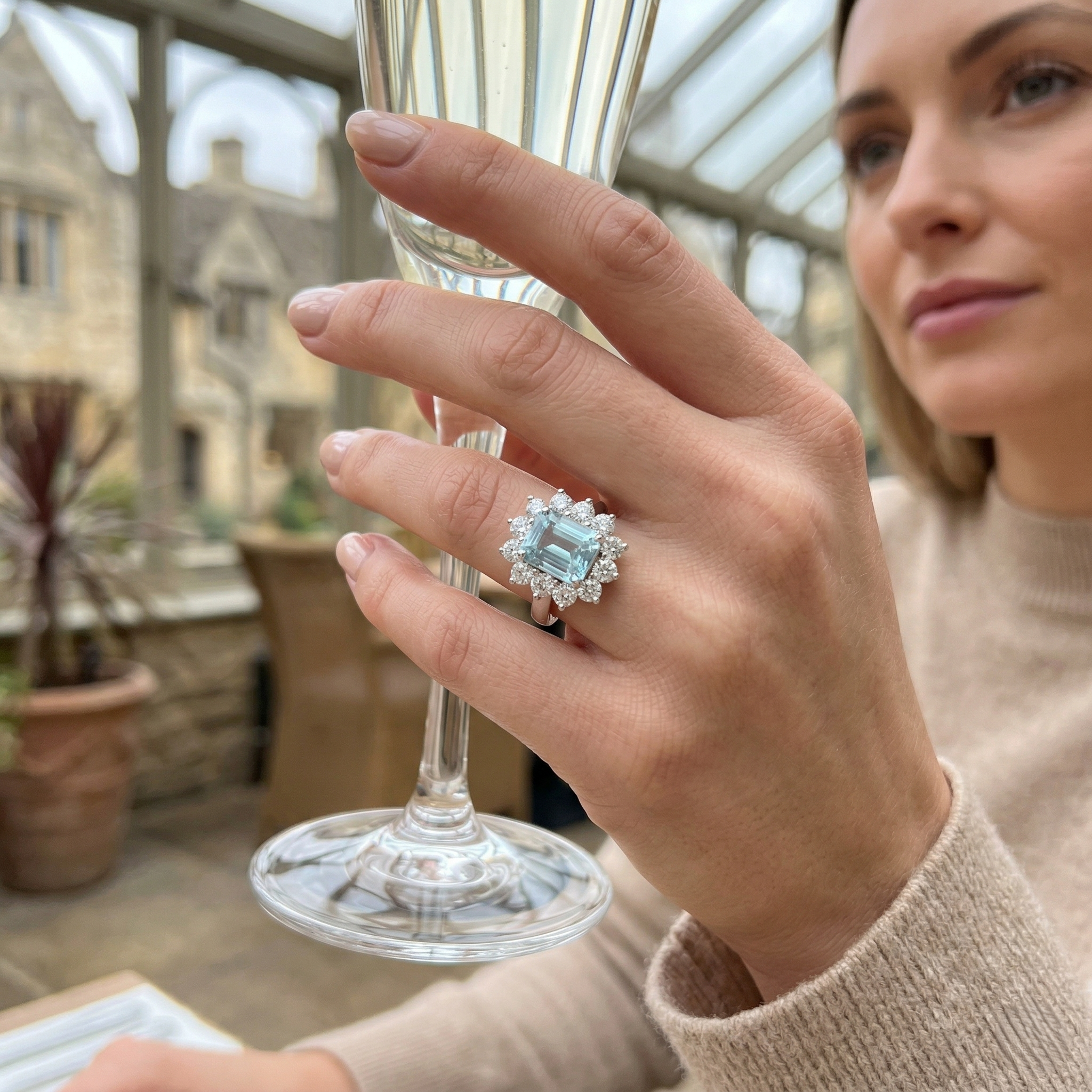 Aquamarine Diamond Halo Ring Emerald Cut UK Hallmarked | 2ct to 5ct
