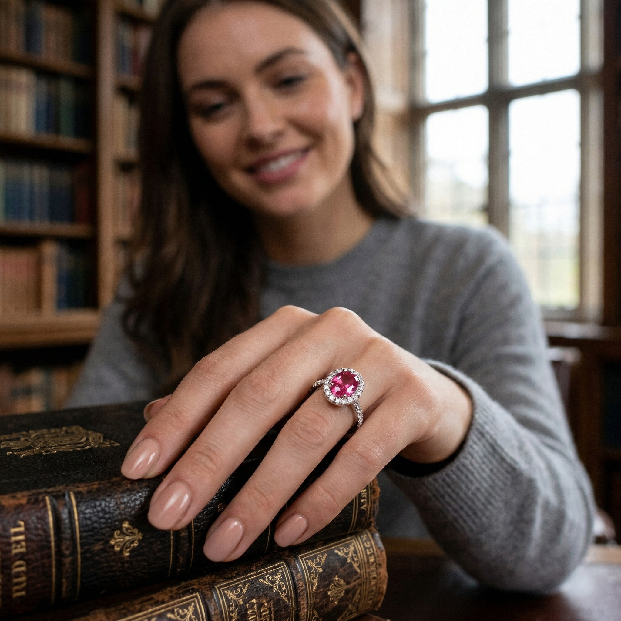 Pink Sapphire Halo Engagement Ring with Diamond Halo