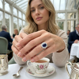 Oval Cut Blue Sapphire Halo Ring with Round Cluster Diamond | Natural & Lab Diamond