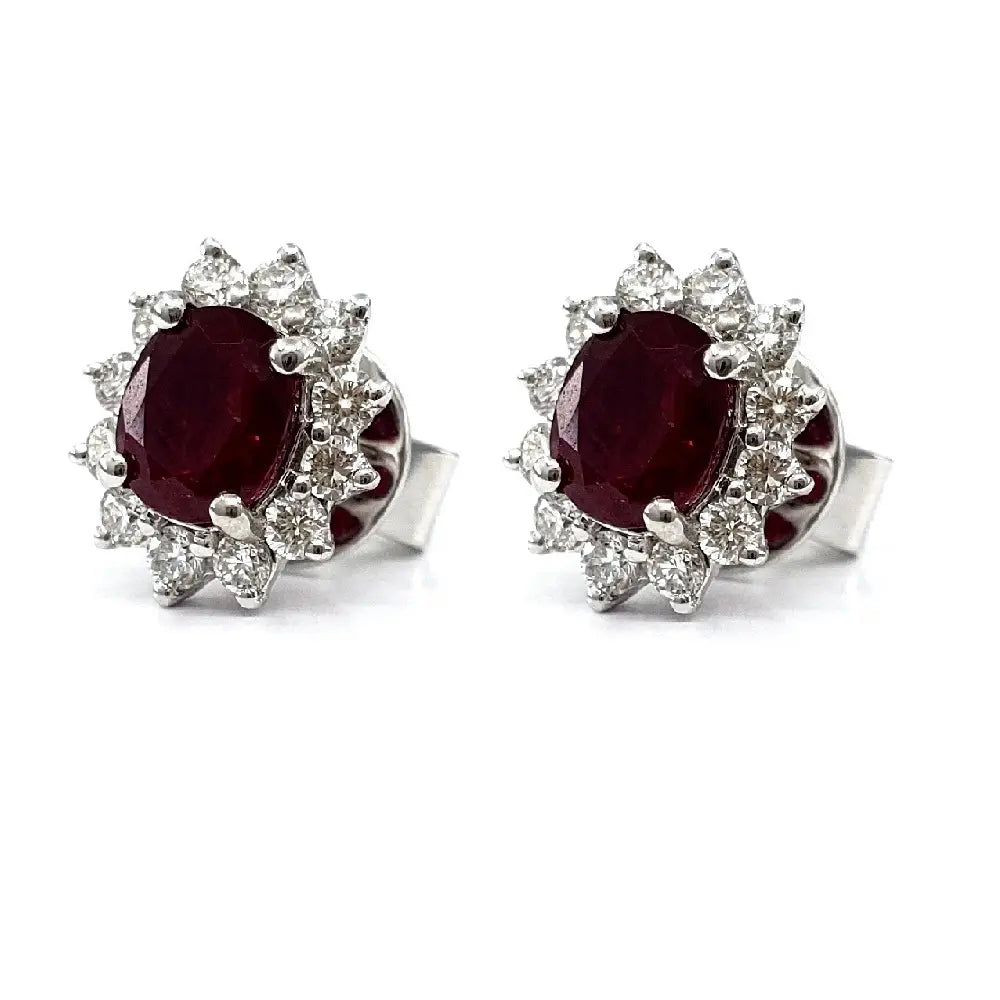 Lab Ruby Diamond Cluster Earrings In 18K White Gold