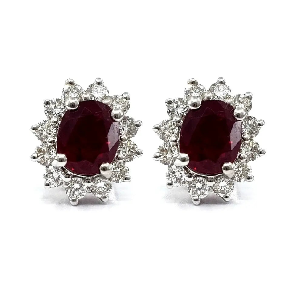 Lab Ruby Diamond Cluster Earrings In 18K White Gold