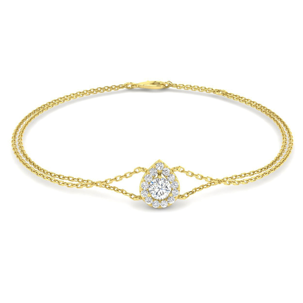 Natural Pear Halo Diamond Bracelet, 18K Yellow Gold Double Chain Bracelet, Round Cut Halo Diamond Jewelry