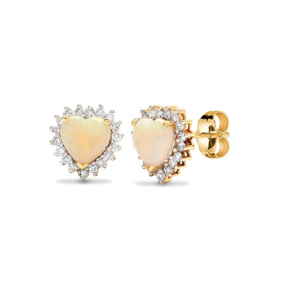 Solitaire Opal Birthstone Stud Earrings with Natural Diamond Cluster in 18K Gold