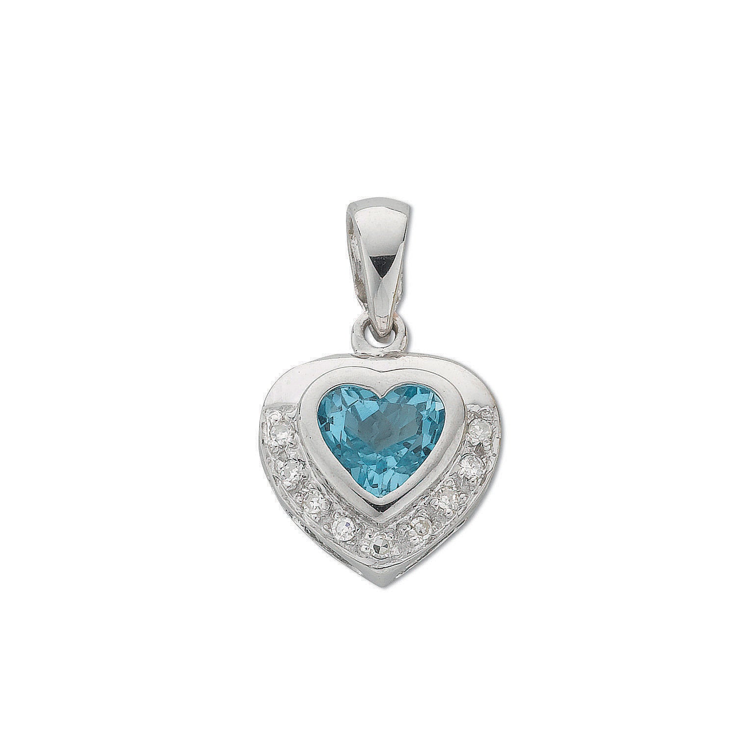9K White Gold Bezel Set Solitaire Blue Topaz & Natural Diamond November Pendant