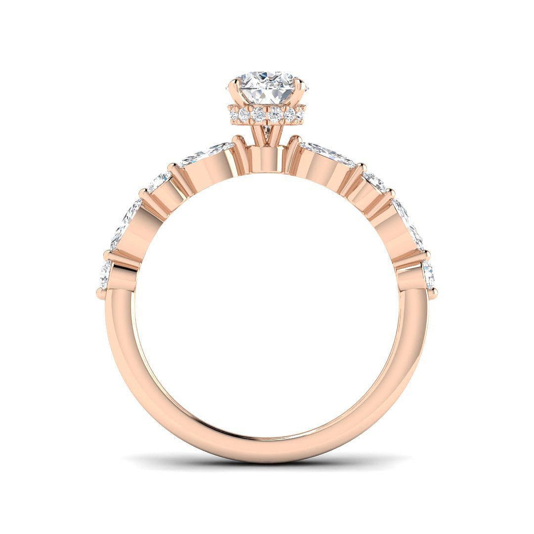 Rose gold ring with diamonds on a white background
