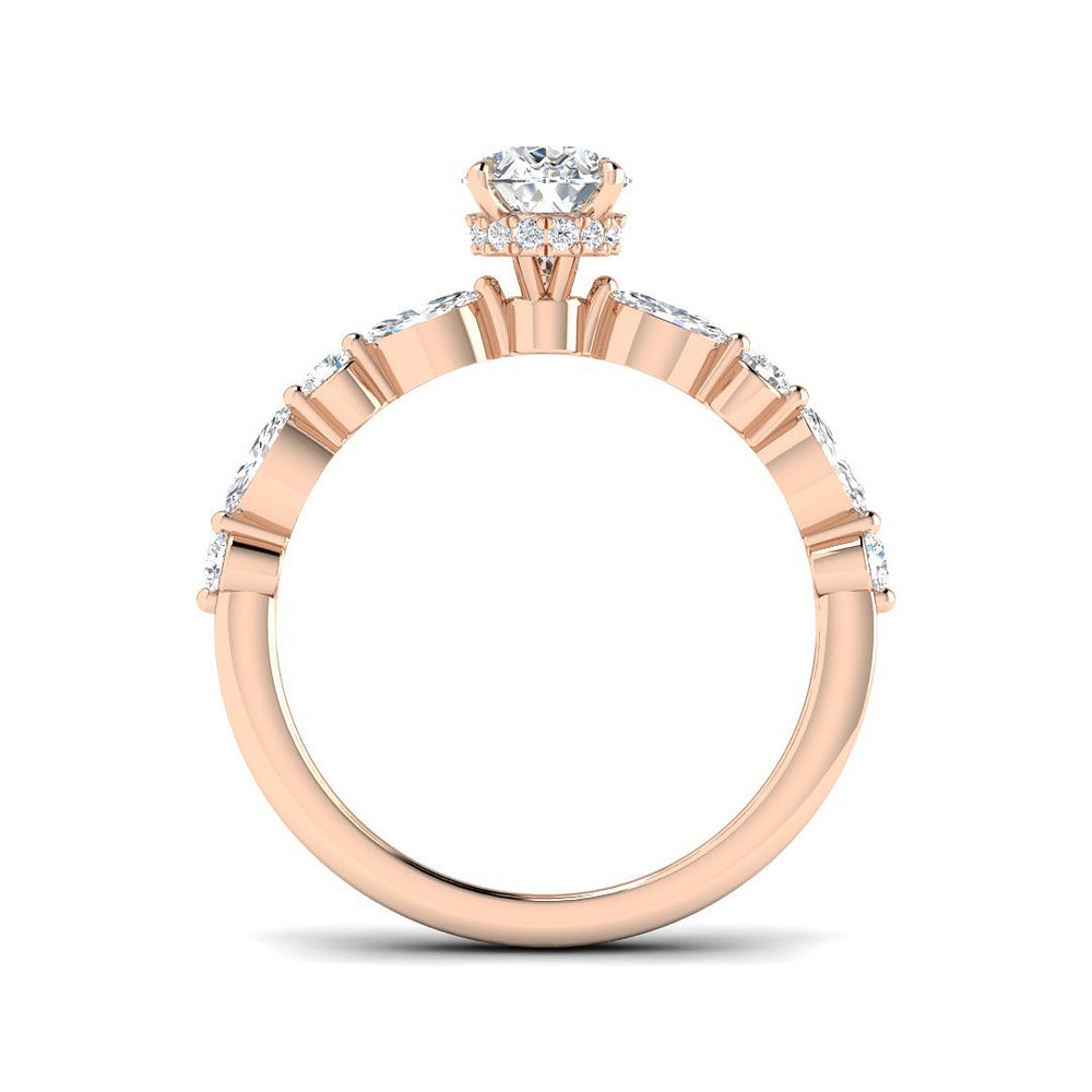 Rose gold ring with diamonds on a white background