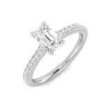 Emerald cut diamond solitaire engagement ring with pavé diamond band in white gold. Natural diamond (F–G color, VS–SI clarity) or IGI certified lab grown diamond (D color, VVS clarity).